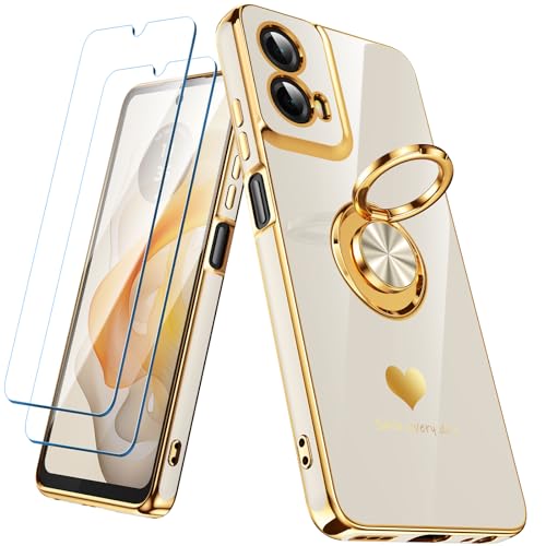 Nonional for Moto G Play 2024 Case with 2 Pack Screen Protector, 360° Rotatable Ring Holder [Luxury Hearts Pattern] Plating Gold Edge Slim Soft Phone Case for Moto G Play 4G 2024 - White