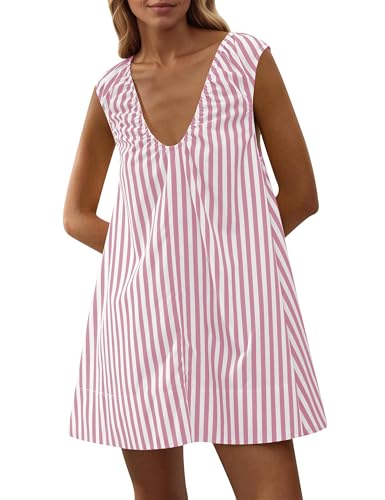 Image of OLAPTA Women Summer Sleeveless Babydoll Mini Tank Dresses Loose Fit Scoop Neck Ruched Short Dress with Pockets Party Clubwear
