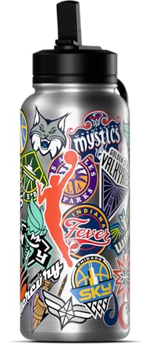Hydrapeak WNBA Officially Licensed All-Team Sticker Print Logo 32oz Insulated Water Bottle with Straw Lid and Handle, Stainless Steel Travel Tumbler for Passionate WNBA Fans, Drinks Stay Cold 24 Hours