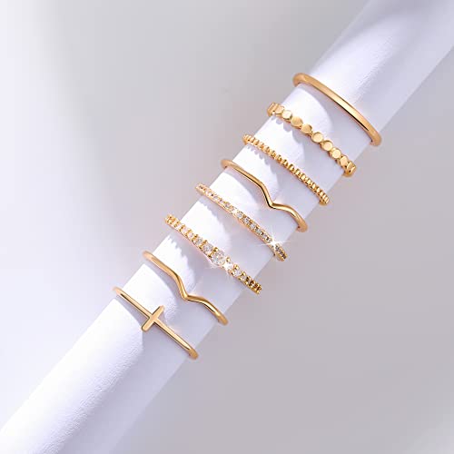 Rlmoon 8Pcs 14K Gold Plated Ring Thin Stacking Ring For Women Statement Stackable Plain Ring Band Thumb Pointer Finger Cz Diamond Ring Size 6 #TOP6