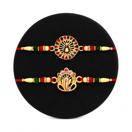 Image of DeoDap Rakhi with Chocolate for Brother - Golden Color Stylish Rakhi 2 Pcs with Almond Chocolate (32g) with Silver Color Pooja Coin, Greeting Card & Tilak Set - Raksha Bandhan Pack (K2 544+543 CA32)