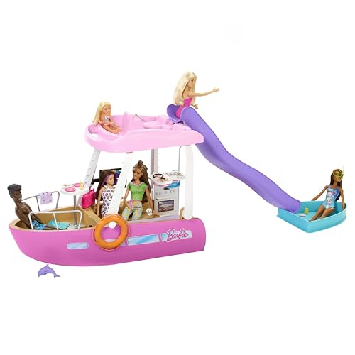Barbie Traumboot Spielset, Rutsche und Schwimmzeug, 20+ Zubehörteile, ohne Puppe, als Geschenk für Kinder ab 3 Jahren geeignet, HJV37