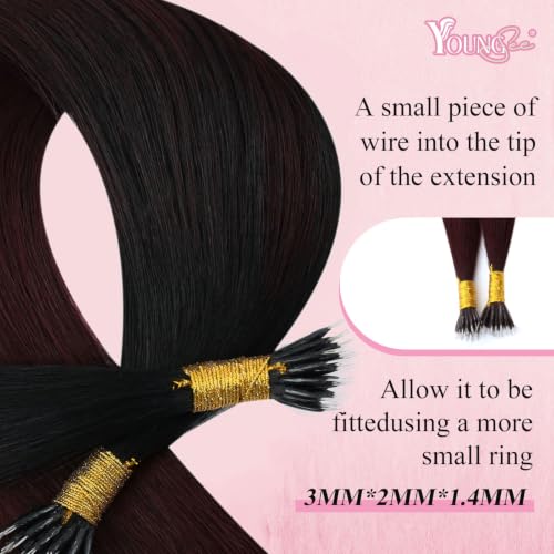 Image of YoungSee Nano Tip Hair Extensions Black Ombre Dark Red 20 Inch Nano Human Hair Extensions Black to Deep Wine Red Nanobead Hair Extension Human Hair Colorful Hair for Role Playing 25 Strands 25g