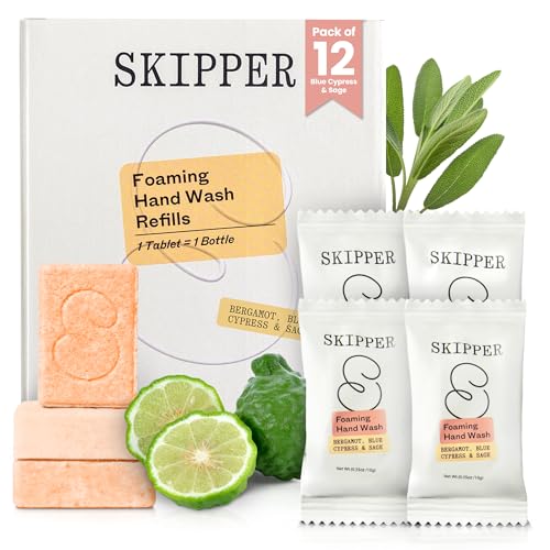 Image of Skipper Foaming Hand Soap Tablet Refills - 12 Pack - 96 fl oz Total (12x 8 fl oz) - Bergamot, Blue Cypress & Sage - Compostable Packaging - Safe & Moisturizing