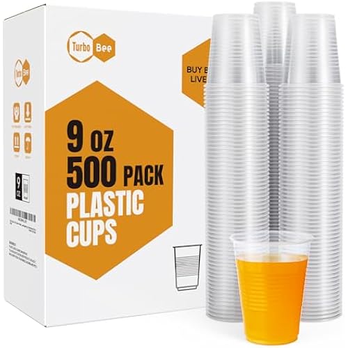 Turbo Bee 500 Pack 9oz Disposable Plastic Cups,Heat-Resistant & Food Safe Drinking Cups for Hot/Cold Beverages, Perfect for Schools, Offices, Events & Commercial Use