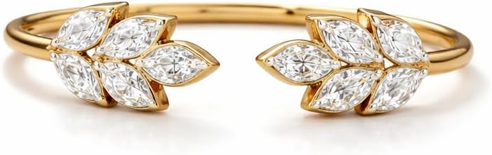 Marquise Cut Diamond Leaf Open Ring in 14K Yellow Gold Nature Inspired Bypass Ring Adjustable Dainty Statement Ring Minimalist Wedding Promise Gift for Women