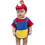 [luckylemon] コスチューム 赤ちゃん ベビー服 マリオ 3点セット ｔシャツ+ロンパース＋帽子 ベビークロールスーツ 柔らかい 肌触り 写真 撮影 パーティー (半袖,90cm)