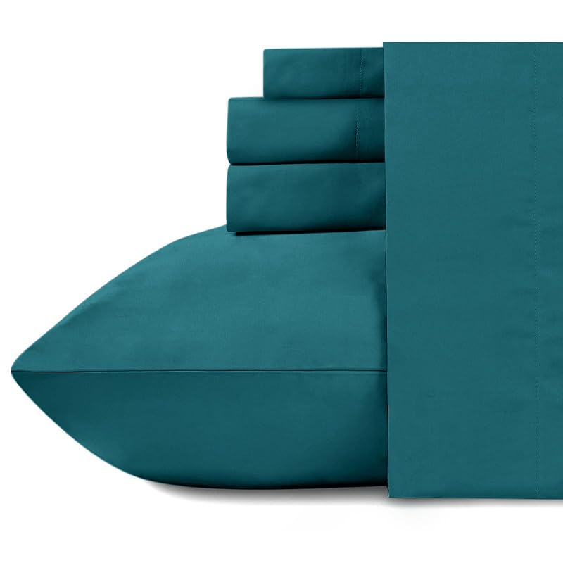 Image of Naksh Exotic Garden Collection Elastic Fitted Bedsheets King Size 78 x 72 Inch, 210 TC Plain Pure Cotton, Teal | 1 King Size Bedsheet with Elastic Fitted and 2 Pillow Covers