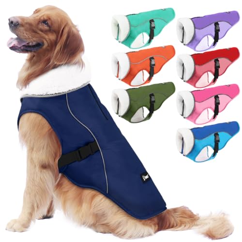 EMUST Dog Jacket Winter, Cozy Waterproof Dog Jacket for Cold Weather, Solid Color Windproof Dog Vests for Cold Winter, Blue, L