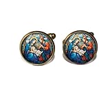 Christmas Faux Stained Glass Style Nativity - Handmade ROUND Glass Metal Cuff LInks Cufflinks Gift for Him Dad (Antique Bronze)