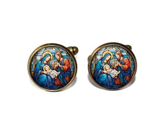 Christmas Faux Stained Glass Style Nativity - Handmade ROUND Glass Metal Cuff LInks Cufflinks Gift for Him Dad (Antique Bronze)