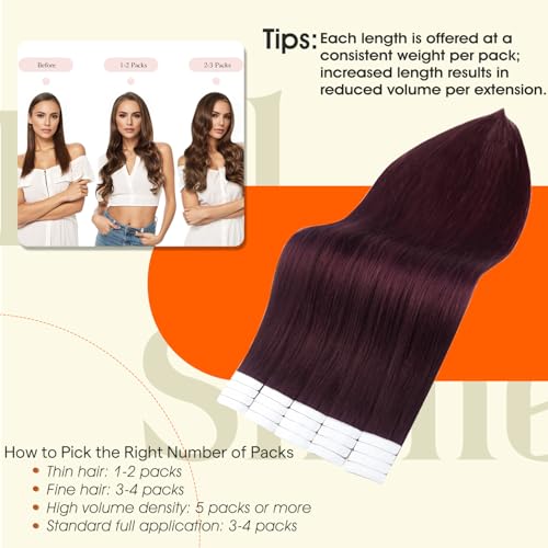 Image of Full Shine Hair Extensions Wine Red 99J Tape in Hair Extensions Human Hair 22Inch Tape in Extensions Invisible Human Hair Extension Burgundy Seamless Skin Weft Hair 50Gram 20Pcs Remy for Women