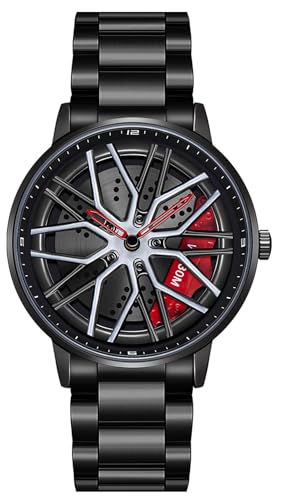 MASTOP Men's Car Watch Creative Hollow Design Waterproof Quartz Analog Stainless Steel Strap Suitable for Men and Car Enthusiasts (A Black Red)