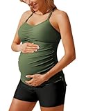 Maacie Maternity Athletic Tankini Swimsuits Two Piece Floral Print Ruched Tops with Shorts, Army Green Solid, Large