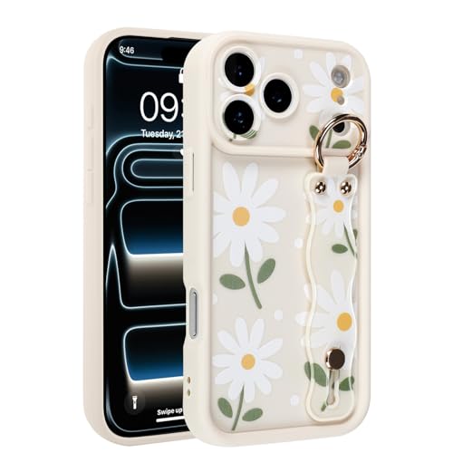 MOWIME Compatible with iPhone 17 Pro Max Case with Finger Strap, [Upgraded] Adjustable Wristband Kickstand Cover for Women Girls, Daisy Floral Shockproof Silicone Protective Case 6.9 Inch, White by MOWIME - Used condition - Image 6