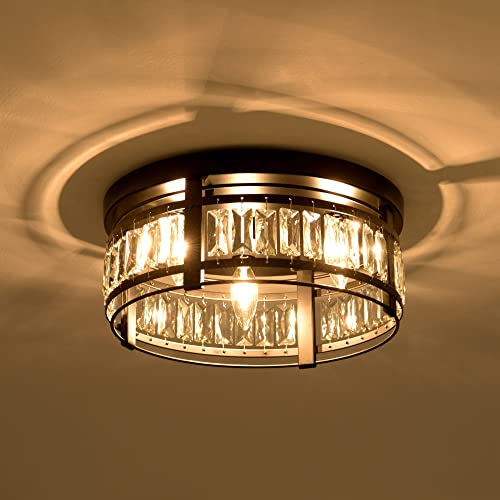 Vaczon 13.3\" Modern Crystal Flush Mount Ceiling Light, 3-Light Industrial Black Metal Ceiling Lighting Fixture, Rustic Drum Chandelier for Bedroom, Hallway, Kitchen, Entryway, E12 Base