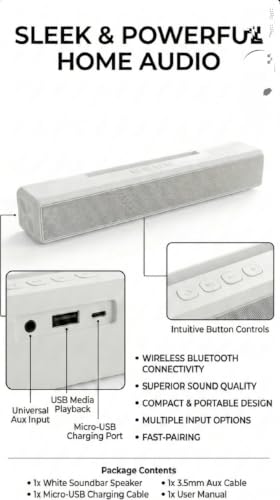 Image of Portable Bluetooth Sound Bar Speaker, White, Compact Bar Design, Wireless Audio