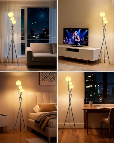 Image of Lightdot Black Tripod Floor Lamp 3 Pole Vintage Standing Lamps with Stable Base& 3Pcs Globe 3000K Warmwhite Bulbs Included Mid Century Modern Floor Lamp for Living Room /Sofa Beside /Corner Decor