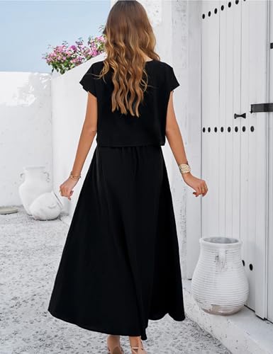 Image of HangNiFang Summer Skirt Sets Women 2 Piece Outfits Cap Sleeve Top Elastic Waist Maxi Dress Sets with Pockets