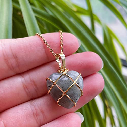 包まれた天然水晶ペンダントネックレス女性のための素敵なハート型の石振り子オパールパープルクリスタルチョーカー,ラブラドライト