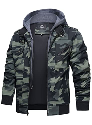 Image of HOOD CREW Men's Casual Stand Collar PU Faux Leather Zip-Up Motorcycle Bomber Jacket With a Removable Hood