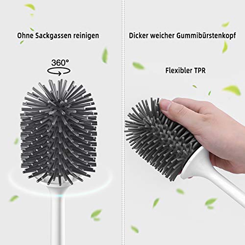 Toilet Brush and Holder Kit, Soft Silicone Toilet Cleaning Brush with Quick Drying Holder for Bathroom, Black & White, (Flooring/Mounted Wall)