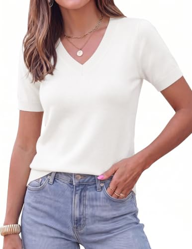 SunnyMelody Women's Wool Blend V Neck Short Sleeve Sweater, White, M