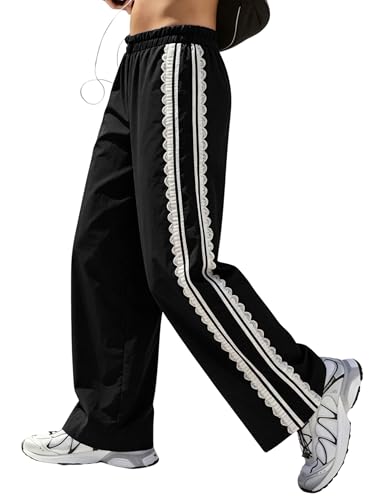 MINSURE Women's Baggy Wide Leg Track Pants Lace Side Stripe Elastic Waist Drawstring Hiking Pants with Pockets(Black-M)