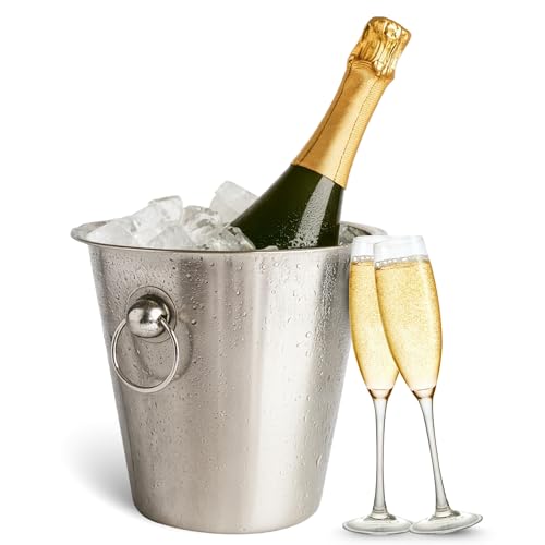 CHEFZOCO Champanera con asass, Cubitera Acero Inoxidable, Cubo de Champán, Enfriador de Botellas, Diámetro 22 cm, Altura 21 cm, Acero Inoxidable, Apto para Enfriar refrescos, champán, Vino, Cerveza