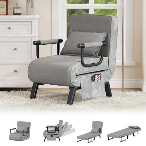 Image of TYBOATLE Folding Chair Bed, Comfy Convertible Sleeper Sofa, 5 in 1 Folding Bed with 5-Position Adjustable Backrest & Pillow, Floor Single Chairs, Cozy Futon Chair for Small Spaces, Office (Light Grey)