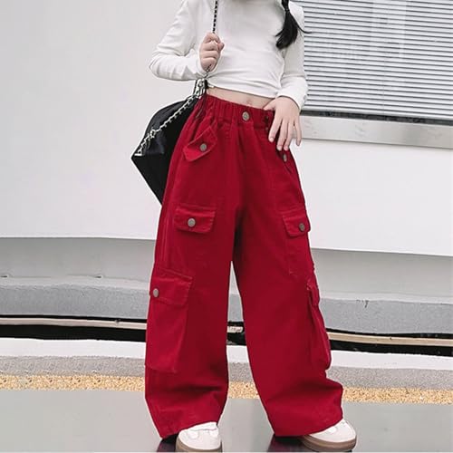 Girls Baggy Straight Cargo Pants Vintage Solide Color Wide Leg Trendy Joggers Cool Elastic High Waisted Trousers4