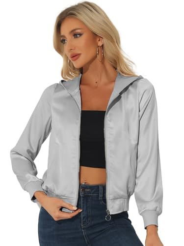 Allegra K Women's Casual Bomber Jacket Satin Zip Up Lightweight Hooded Windbreaker Outerwear