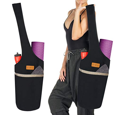 ALLEN & MATE Large Yoga Mat Bag with Side Pocket and Zipper Pocket, Fit Most Size Mats (Black)