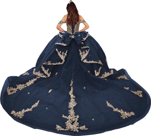 Gold Appliques Quinceanera Dresses with Bow Ruffled Ball Gown with Tiered Train Gorgeous Sweet XV Dresses SE036