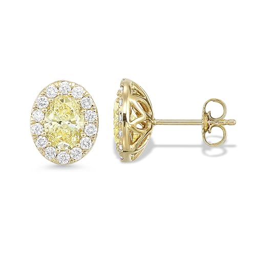 IGI Certified 2 Carat Lab Grown Diamond Stud Earrings for Women I 14k Yellow Gold Oval Halo Earrings for Her (G-H, VS1-VS2, 2.03 cttw) Yellow Diamond I Push Back