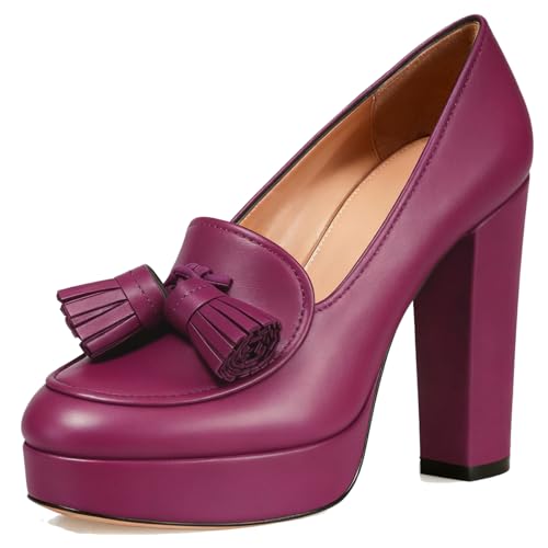 Image of SHODENSE Women Vintage Chunky Platform Loafers Pumps Tassel Round Closed Toe Slip On Suede Block High Heel Dress Loafer Shoes Buckle Strap Oxford Loafers Fringe Pump Dressy Chic Sexy Y2k 4-11 M US