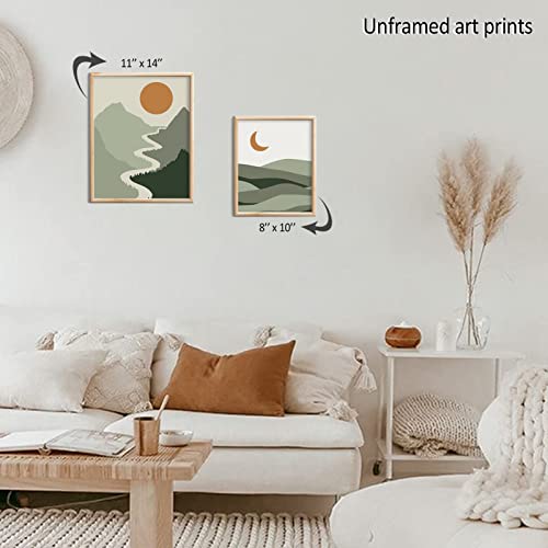Liyaoli Boho Green Wall Decor Sun Mountain Landscape Wall Art Danish Pastel Room Decor Mid Century Abstract Unframed Art Print 11X14In Set Of 4 Nature Wall Art Prints For Living Room Bedroom Decor #TOP3
