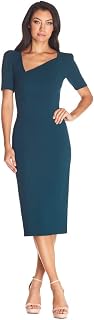 Dress the Population Women's Ruth Puff Sleeve Asymmetrical Neckline Bodycon Midi Dress