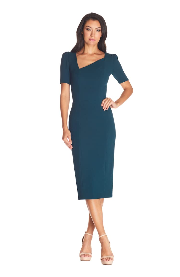 Dress The Population Women's Pine Ruth Short Puff Sleeves Asymmetrical Neckline Bodycon Midi Dress, Large
