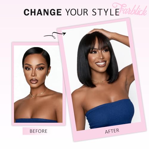 Image of Farblick Bob Wig Human Hair With Bangs Wear and Go Glueless Wig Human Hair 12inch Straight Wig 180% Density Black Wig With Bangs for Women