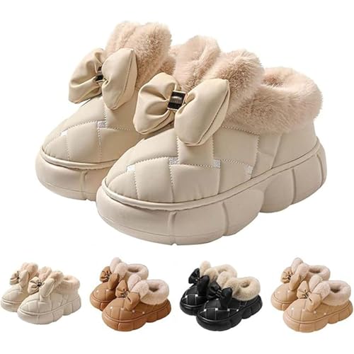 Women's Cute Bowknot Design Plush Lined Slipper Boots, Bowknot Slippers, Winter Warm Anti-Skid Waterproof Thick Sole House Bow Slippers for Women