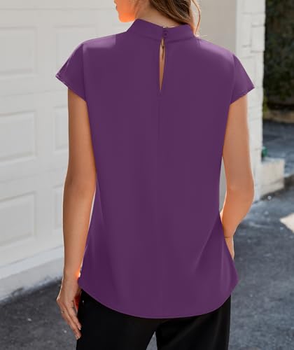 Image of Funlingo Womens Summer Tops Mock Neck Short Cap Sleeve Blouses Business Casual Work Chiffon Shirts Front Pleated Tunic Top