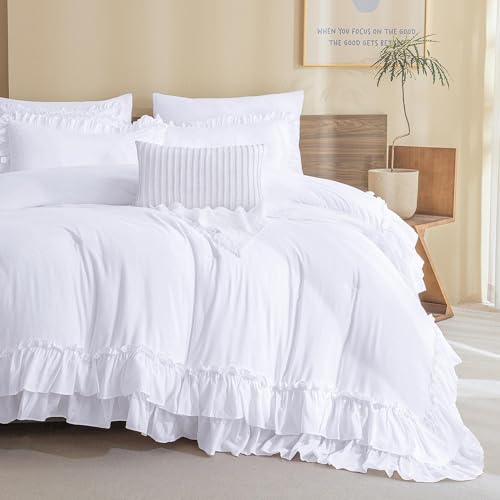 Image of QSH White Comforter Full with Ruffles,3PCs Shabby Boho Chic Farmhouse Bedding Comforter Set Full Size Soft Vintage Fluffy Microfiber White Ruffle Bedding Set