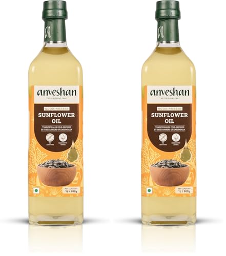Image of Anveshan Wood Cold Pressed Sunflower Oil 1L | Glass Bottle | Kolhu /Chekku | Extracted on Wooden Churner | Natural | Chemical-Free | Sunflower Oil for Cooking (Pack of 2)