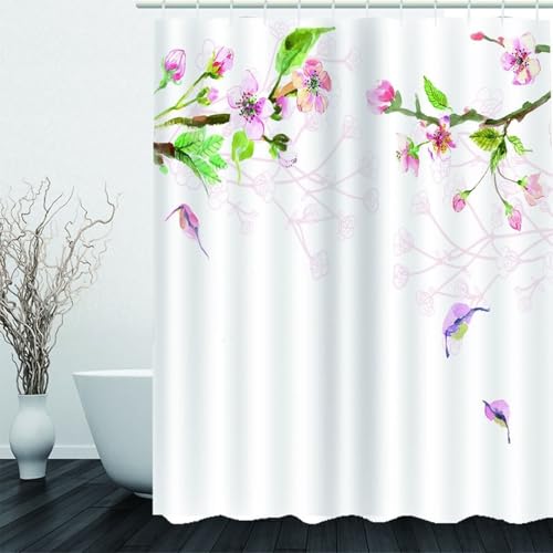 Rideau de douche rose vert en polyester lavable fleur de pêche textile