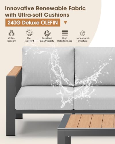 Image of Aluminum Patio Furniture 3 Seats, All-Weather Outdoor Sofa | Washable Thick Cushion, Morden Patio Couch for Porch, Balcony, Deck, Yard, Gray