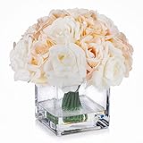 ENOVA FLORAL 18 Pieces Rose Artificial Flowers in Vase, Fake Flowers in Vase with Faux Water for Wedding, Dining Table(Cream Beige)