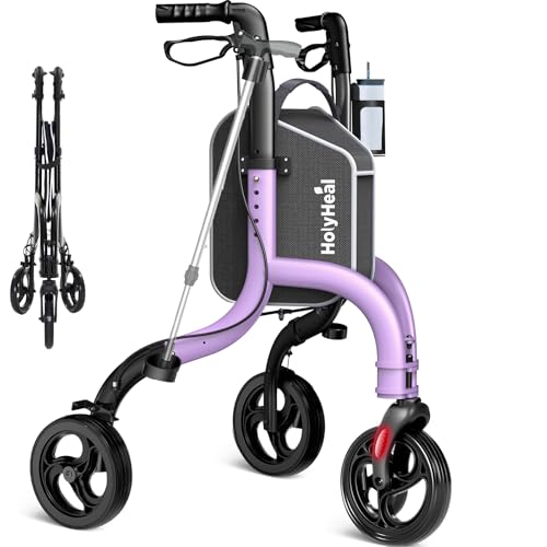 HolyHeal 3 Wheel Walkers for Seniors Lightweight Rollator Walkers Foldable for Elderly with Cane Hold and Cup Hold Height Adjustable Aluminum Three Wheel Rolling Walker Mobility Aid Purple