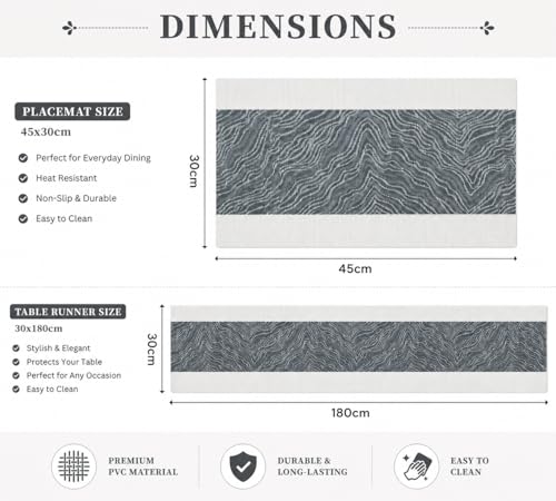 Image of YELONA Placemats and Table Runner Set - Heat Resistant, Non-Slip & Washable PVC Vinyl Dining Table Mats - Anchor Grey (4 Placemats: 45x30 cm, 1 Runner: 180x30 cm)