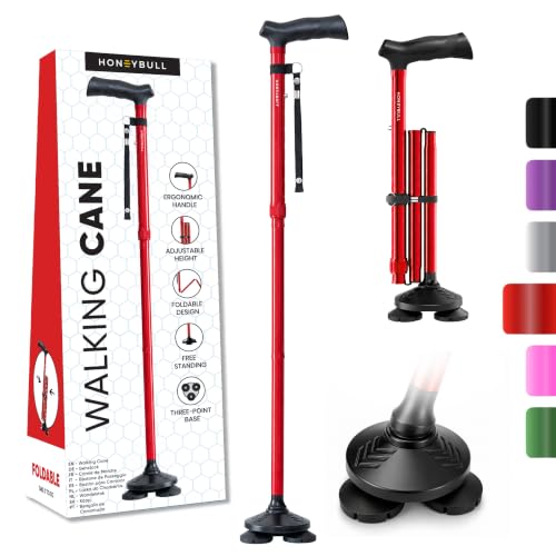 HONEYBULL Walking Cane for Men & Women, Foldable, Free Standing Cane, Red